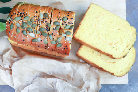 bread , pumpkin bread or loaf of bread or sliced bread or cut bread with pumpkin seed and sesame...
