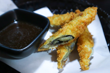 fried maki ,maki or Japanese roll or Spring rolls or deep fried rolls or fried Spring rolls and dipの写真素材