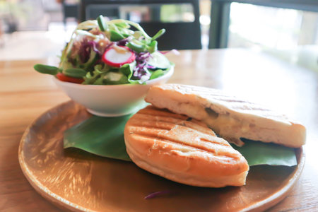 panini, italian sandwich and salad or ham and cheese sandwich for serveの写真素材