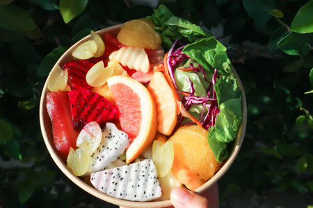 fruit and vegetable salad or orange, dragon fruit and lettuce salad or mixed salad