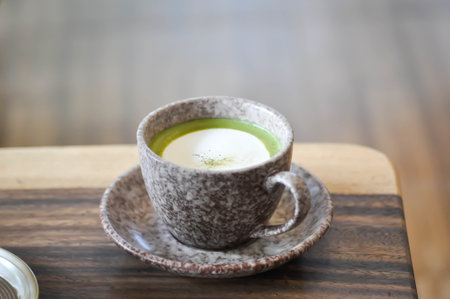 green tea or matcha green tea, milk green tea or matcha latte or hot green teaの写真素材