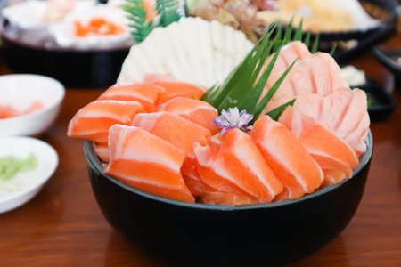 raw salmon, sashimi or sliced salmon and burnt salmon or burnt fishの写真素材