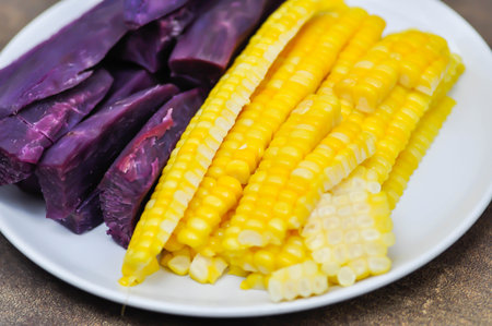 steamed corn and steamed purple sweet potato for serve