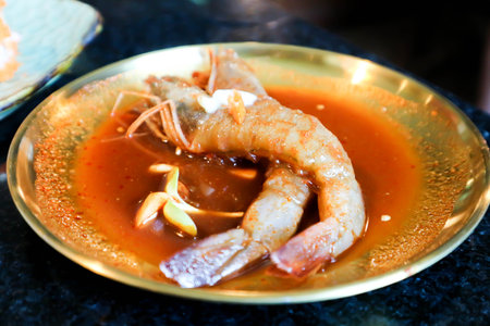 Pickled shrimp, Korean Pickled shrimp or shrimp in fish sauce or  Korean Soy Sauce Pickled shrimp and garlicの写真素材