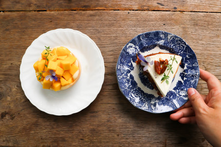 mango cake or mango cheese cake , mango cheese pie and carrot cake or pecan cake or piece of cake for serveの写真素材
