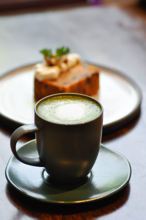 green tea or matcha green tea , matcha green tea latte and carrot cake for serve