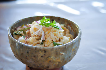 stir fried rice or fried rice with egg and vegetable in small bowl or Chinese food or Thai foodの写真素材