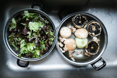 shiitake mushroom and lettuce or cleaning vegetble for cook or washing vegetable