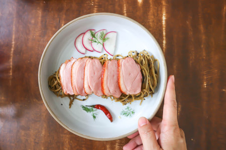 duck pasta or duck spaghetti or spicy spaghetti ,duck Spaghettini or pepper pasta or roasted duck pasta for serveの写真素材
