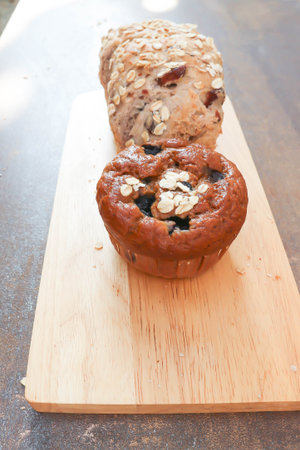 muffins or blueberry muffins and bread in the tray