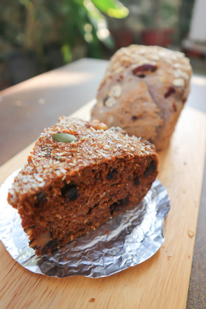 cake ,banana cake or whole grain cake and whole wheat bread or sourdough bread in the tray