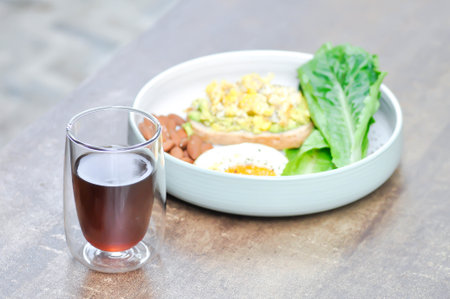 coffee, americano or hot coffee or hot americano or hot tea and bread for serveの写真素材