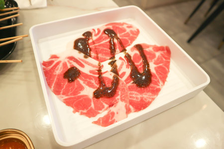 raw pork or sliced pork and beef or meat in the trayの写真素材