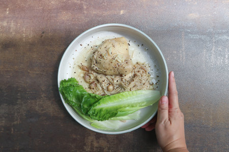 grilled chicken or chicken steak with white cream sauce for serveの写真素材