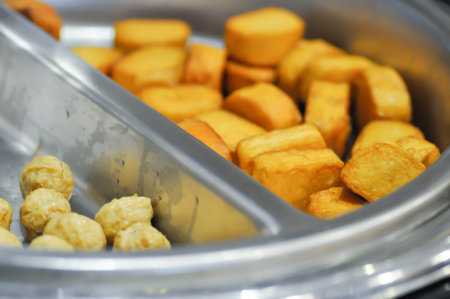 fried tofu or fried soybean curd and fried pork balls for serveの写真素材