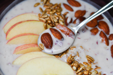 smoothie bowl , strawberry smoothie or strawberry yogurt with apple , sunflower seed and almond...
