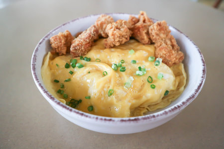 creamy omelet or omelet or omelette or fried egg with fried chicken or crispy chicken or chicken pop toppingの写真素材