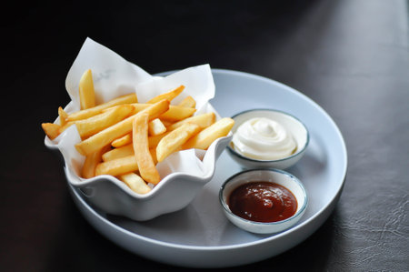 French fries or fried potato , fries with ketchup and dip for serve