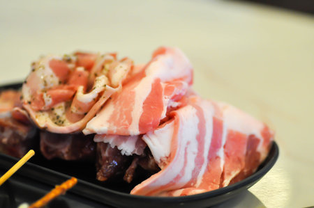 raw pork or sliced pork and beef or meat for cookの写真素材