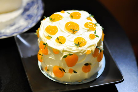 orange cake with orange topping or fruit cake or shortcake or orange shortcake for serve