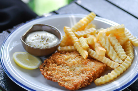 fish and chip or fried fish with French fries and dip for serve
