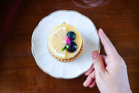lemon cheese tart or lemon cheesecake with lemon and blueberry topping for serveの写真素材