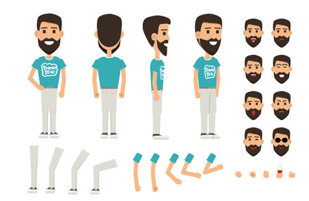 Front, side, back view animated character. Man with a beard character creation set with various views, face emotions, poses and gestures.のイラスト素材