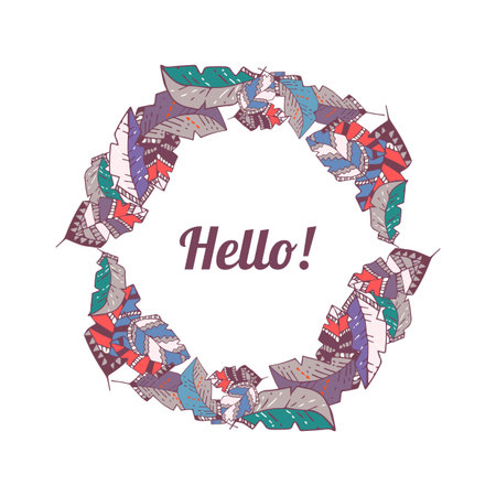 Feathers. Vintage wreath border in boho style.のイラスト素材