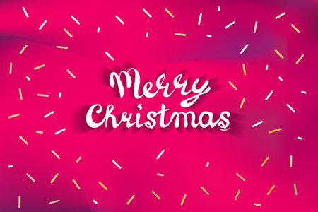 Vector illustration: Handwritten modern brush Calligraphy lettering of Merry Christmas on red background with gold confetti .のイラスト素材