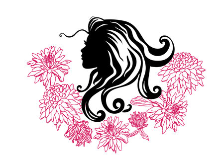 Vector silhouettes of girl hairstyles. profile. Girls Silhouette .Silhouette of beautiful woman with flowerのイラスト素材