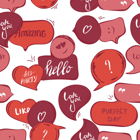 pink speech bubbles seamless pattern. Vector background of red bubbles with word: hello , amazing, love you, perfect day, quotes, question, exclamation mark . Vector illustration. template for cover fabric, books. fabric. abstract background wallpaperのイラスト素材