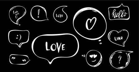 Hand drawn set of speech bubbles with hand written short phrases purr, love you, chat, hello. quotes, question, exclamation mark . black white. vector collectionのイラスト素材