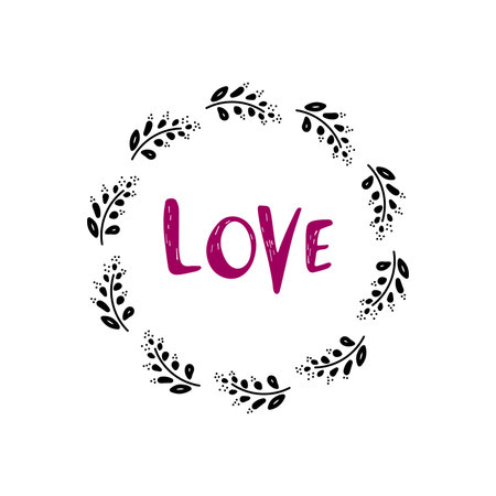 Hand drawn wreath. Vector floral design elements for invitations, greeting cards, scrapbooking, posters. Vintage decorative laurel, oval frame made of twigs, leaves and branches. loveのイラスト素材