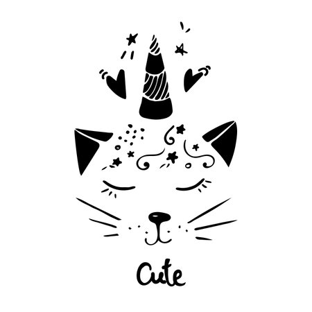 Cute vector illustration cat with unicorn horn hand drawn. Lovely sleeping kitten with closed eyes isolated, fairy tale character in kawaii anime style. posters, T-shirts. print. Black white.のイラスト素材