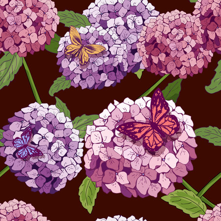 hydrangea Seamless pattern. Vector hand drawn texture with flowers, butterfly. Botany repeating wallpaper. pink. template cover fabric, books. abstract background wallpaper.のイラスト素材