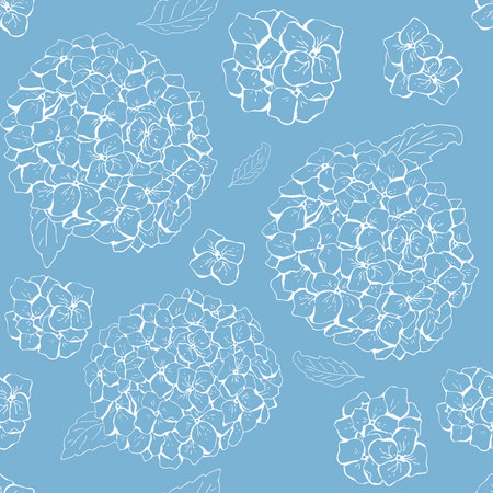 Vector botanical seamless pattern with hydrangea flowers. Modern floral pattern for textile, wallpaper, print, gift wrap, greeting or wedding background. Spring or summer design. outline sketch. blue white.のイラスト素材