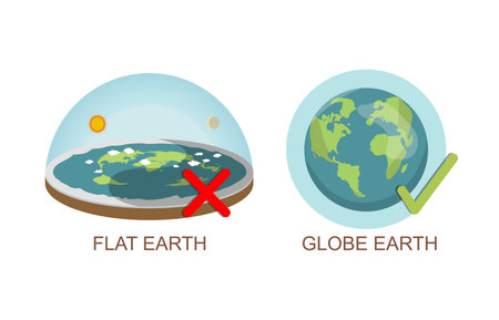Theory of flat earth. Earth vs spherical earth. Vector illustration. isolated on white background. true, lie Checkbox. check mark.のイラスト素材