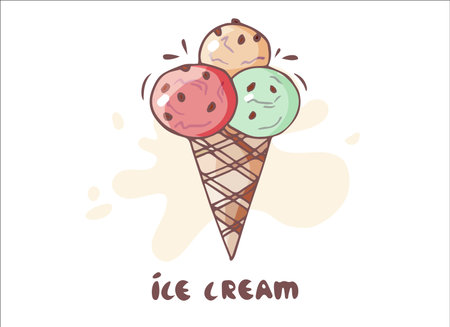 ice cream balls in the waffle cone isolated on white background. Vector flat outline icon. in cartoon style illustration for t shirt design. sticker or badge, Ice cream cone icons isolatedのイラスト素材