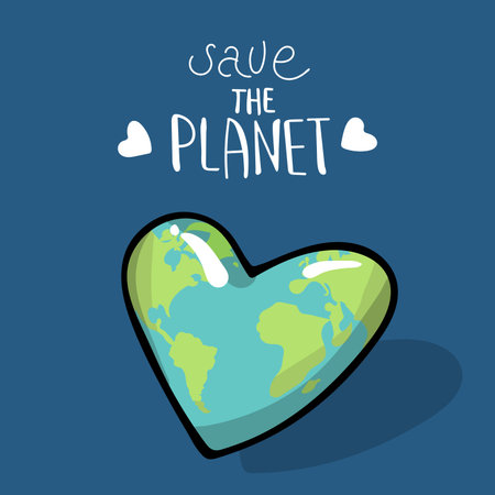 save the planet. Vector illustration on blue background. A earth globe. Lettering. logo. Concept of energy saving and ecology. Heart shaped globeのイラスト素材