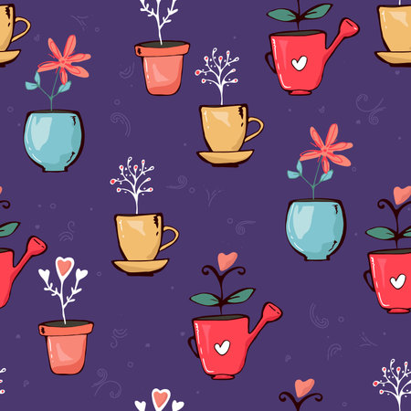 Bright colorful flowers potted plants seamless pattern texture. doodle leaves hearts on purple background. Vector design illustration for textile, fabric, fashion. hand drawingのイラスト素材