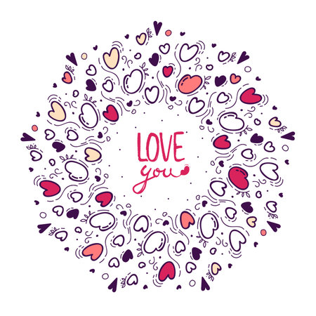 doodle curls. cute hearts. Vector ornament. Valentine's day. Romantic design. Valentine's day background. love you. Wallpaper, flyers, invitation, posters, banners. greeting card, template, wreathのイラスト素材