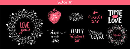 set of decoration lettering elements for valentine day, vector illustration. Hand drawn February 14 labels or posters collection. love lettering background. calligraphy phrases. romantic collectionのイラスト素材