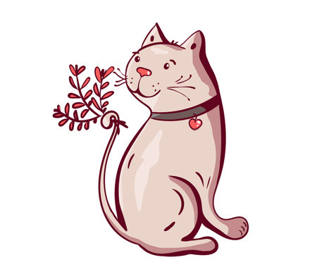 Cute happy Cat character holding flower with lettering calligraphy text. Hand drawn, vector romantic illustration. cartoon doodle style for card, poster, invitation, Valentine's Day. isolated.のイラスト素材
