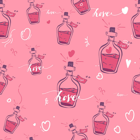 elixir of love. seamless pattern hearts. print, website, design, textiles, ceramics, fabrics print postcard packaging, wallpaper, Fabric design background wrapping vector Valentine's Day.のイラスト素材