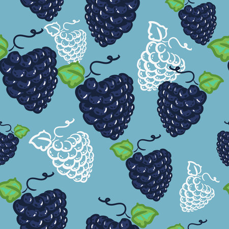 Vector seamless pattern with cartoon grapes isolated on blue. Bright juice berries. Illustration used for magazine, book, print , poster, card, menu cover, web pagesのイラスト素材