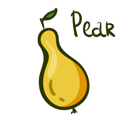 Vector hand draw yellow pear illustration. isolated on white background. sketch, juice fruit with word Pear. menu, poster. Isolated on white background. logo leaflets, cards, posters, printsのイラスト素材