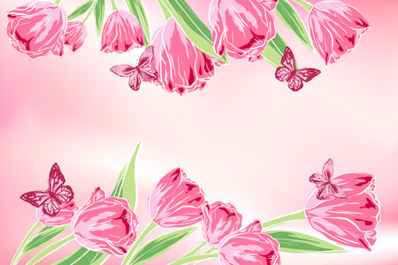 vector floral template greeting card. pink beautiful tulips, butterfly. Isolated. hand drawn illustration. flower backdrop. wedding, engagement, cosmetics, perfume, beauty products.のイラスト素材