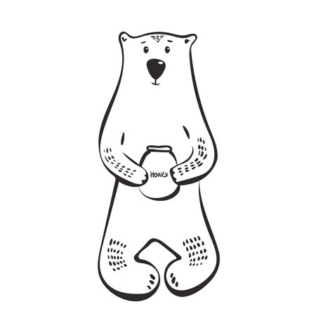 Cute bear with honey. Vector illustration design for t-shirt graphics, fashion prints. sketch, outline, black.のイラスト素材
