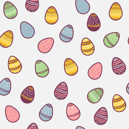 Funny Happy Easter seamless pattern background greeting card with eggs . Vector Illustration doodle kids style design. Perfect for wallpaper, gift paper, web page background, spring greeting cardsのイラスト素材