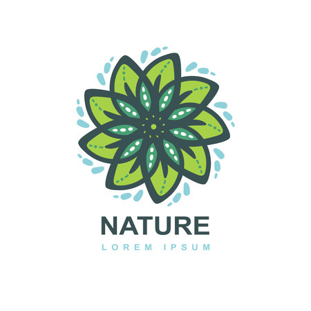 Icon Vector hand sketched logotype, leaf label template for vegan food package design. wreath, doodle, round frame. Isolated leaves icon. bio nutrition, healthy diet, vegan restaurant menuのイラスト素材
